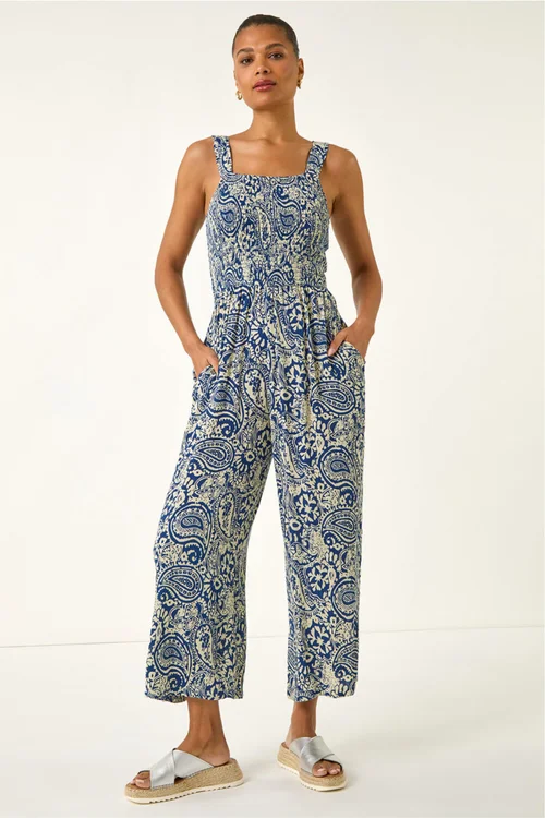 Roman Navy Paisley Print Cropped Jumpsuit - 12 Image 2