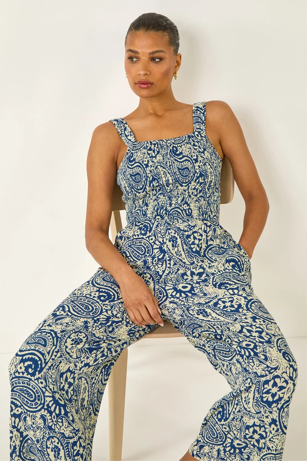 Roman Navy Paisley Print Cropped Jumpsuit - 12 Image 1