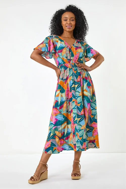 Roman Green Petite Leaf Print Shirred Midi Dress - 8 Image 2