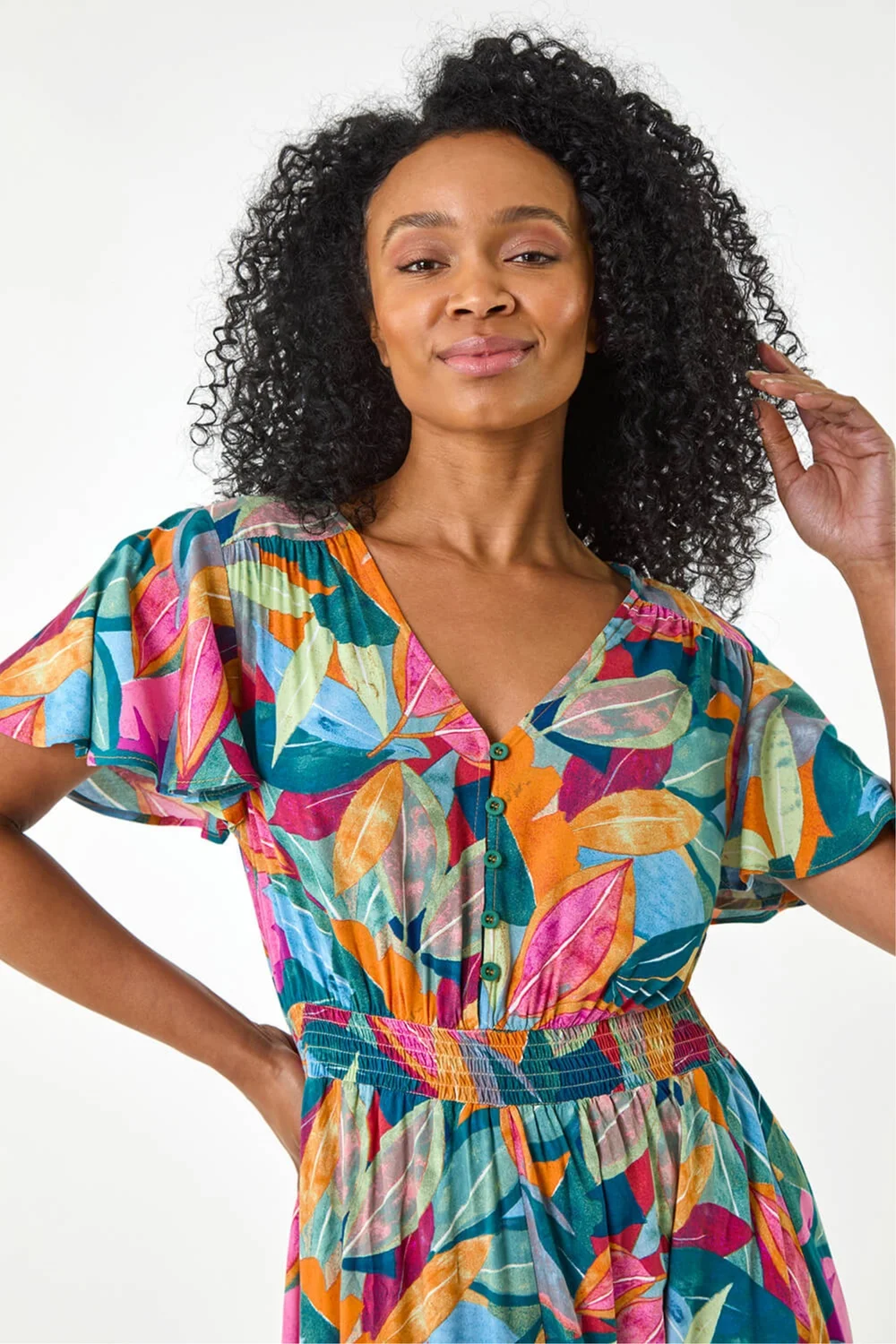 Roman Green Petite Leaf Print Shirred Midi Dress - 8 Image 4