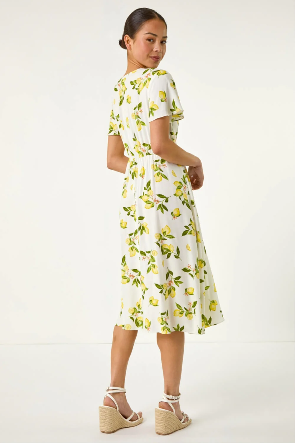 Roman Ivory Petite Lemon Print Button Tea Dress - 16 Image 3