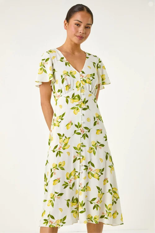 Roman Ivory Petite Lemon Print Button Tea Dress - 16 Image 1