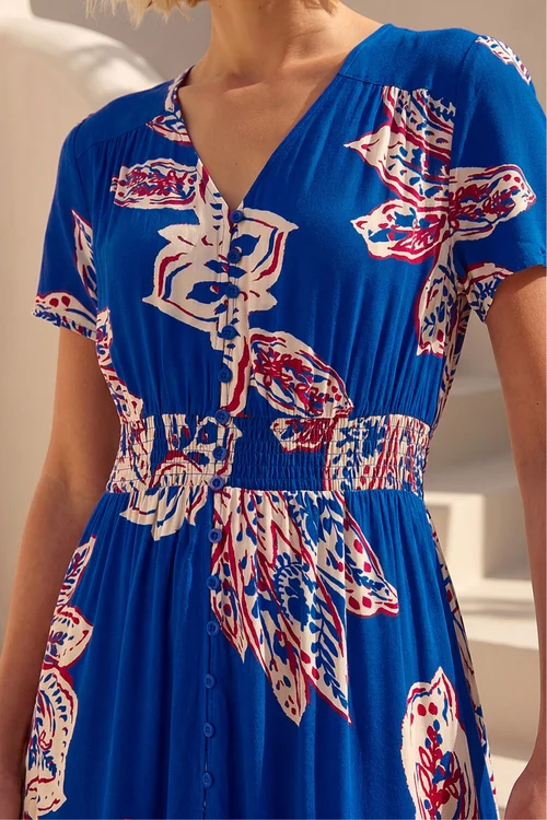 Roman Blue Leaf Print Shirred Maxi Dress - 16 Image 4