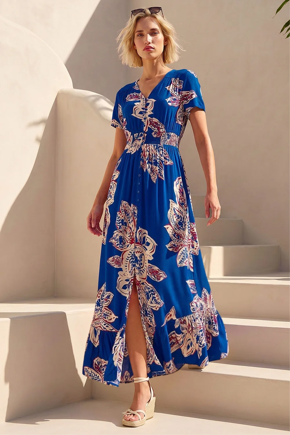 Roman Blue Leaf Print Shirred Maxi Dress - 16 Image 1