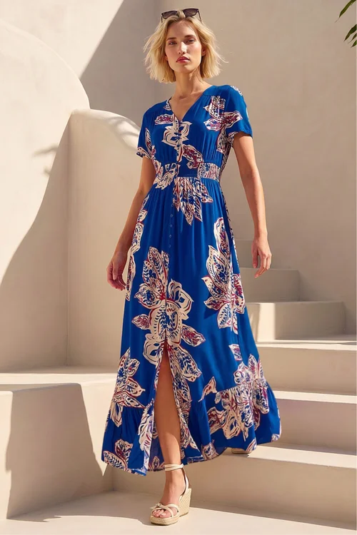 Roman Blue Leaf Print Shirred Maxi Dress - 16 Image 1