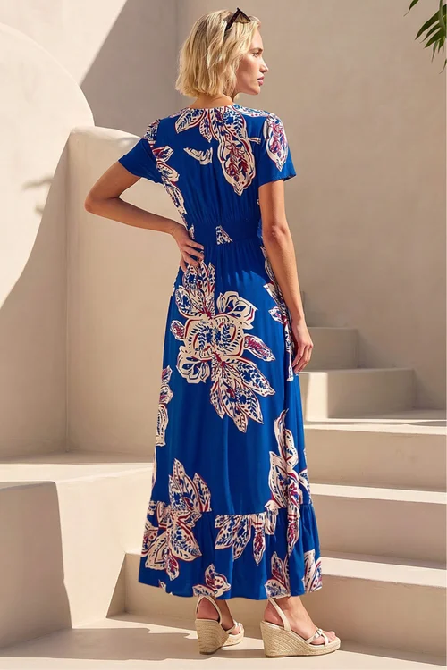 Roman Blue Leaf Print Shirred Maxi Dress - 16 Image 3