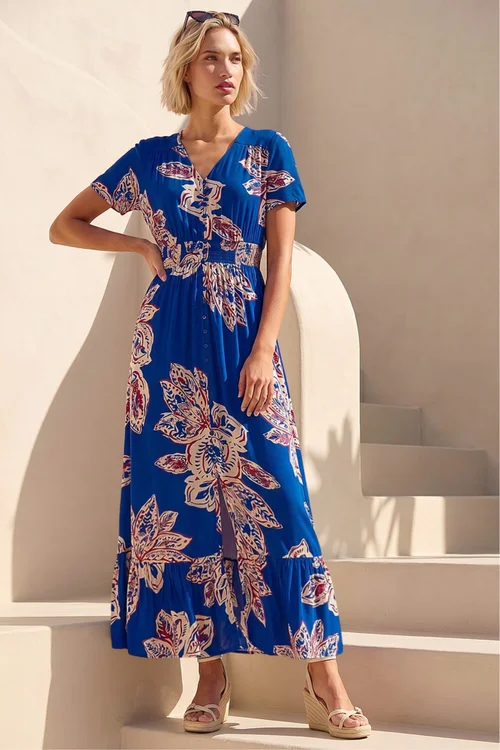 Roman Blue Leaf Print Shirred Maxi Dress - 16 Image 2