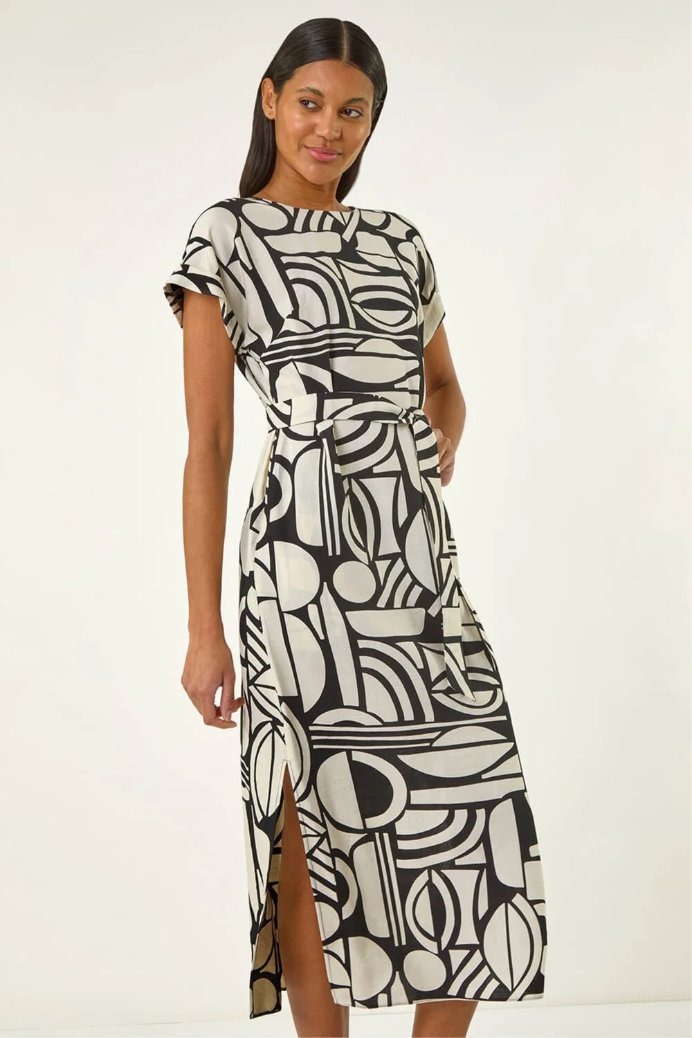 Roman Ivory Geometric Textured Midi Dress - 18 Image 1