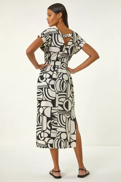Roman Ivory Geometric Textured Midi Dress - 18 Image 3