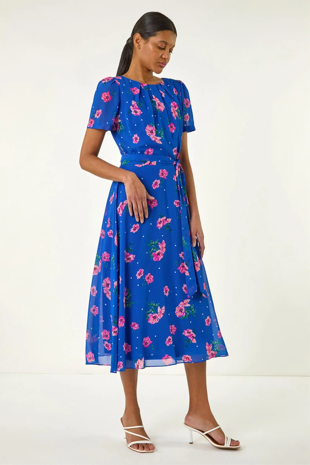 Roman Blue Floral Pleated Chiffon Dress - 16 Image 2