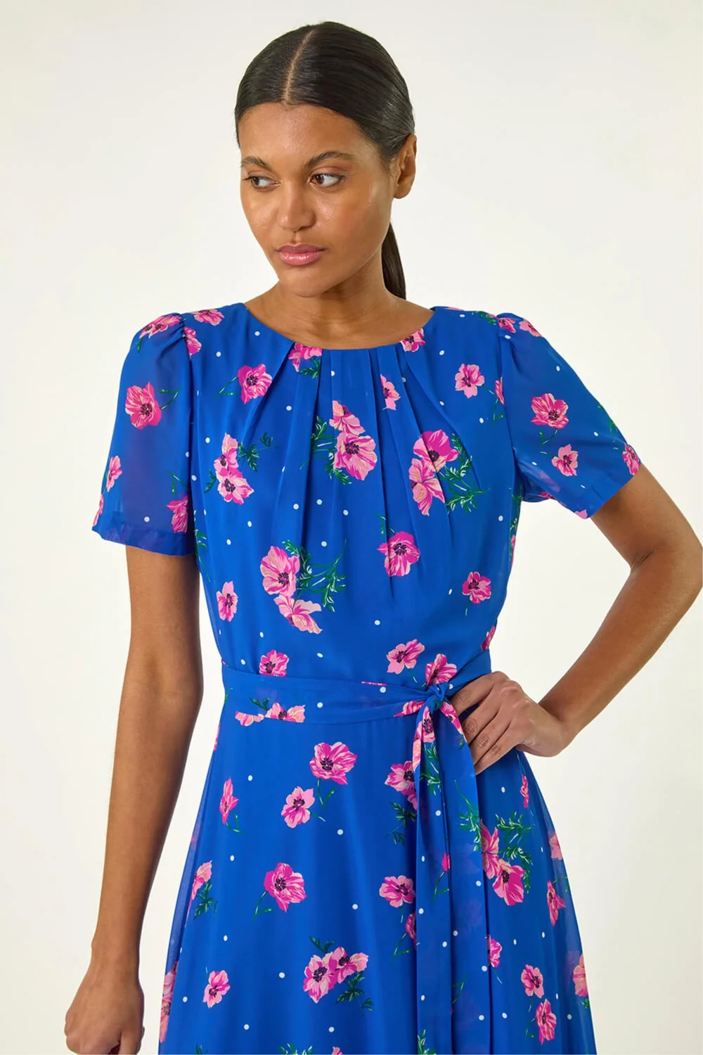 Roman Blue Floral Pleated Chiffon Dress - 16 Image 4