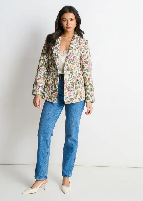 Gini London Beige Floral Jacquard Tailored Jacket - S/M Image 1