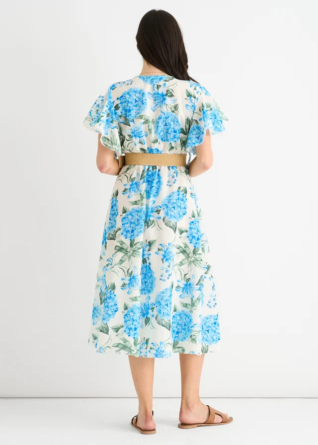 Gini London Blue Floral Print Angel Sleeves Belted Wrap Midi Dress