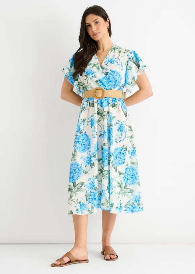 Gini London Blue Floral Print Angel Sleeves Belted Wrap Midi Dress