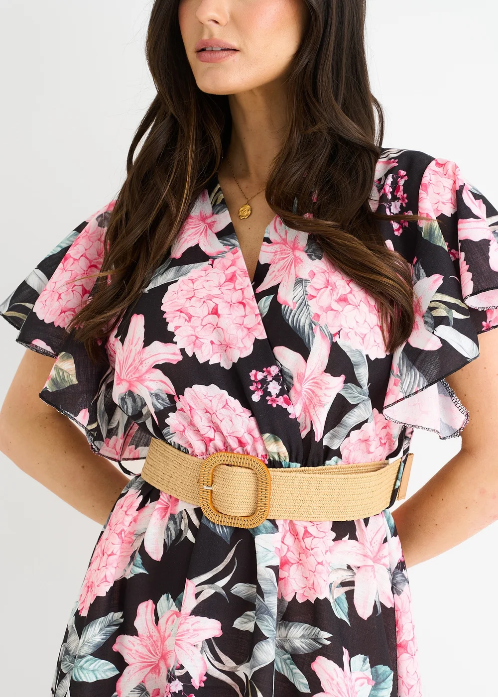 Gini London Black Floral Print Angel Sleeves Belted Wrap Midi Dress - L/XL Image 3