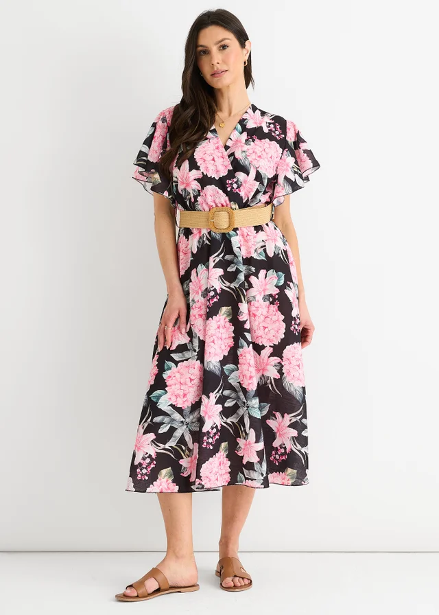 Gini London Black Floral Print Angel Sleeves Belted Wrap Midi Dress