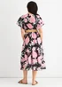 Gini London Black Floral Print Angel Sleeves Belted Wrap Midi Dress - L/XL Image 2