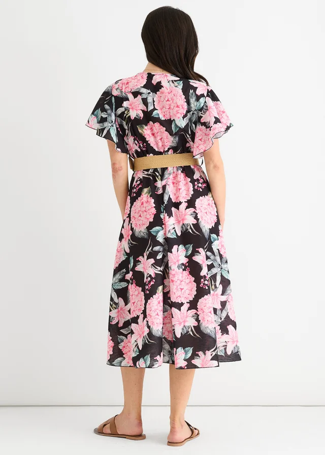 Gini London Black Floral Print Angel Sleeves Belted Wrap Midi Dress