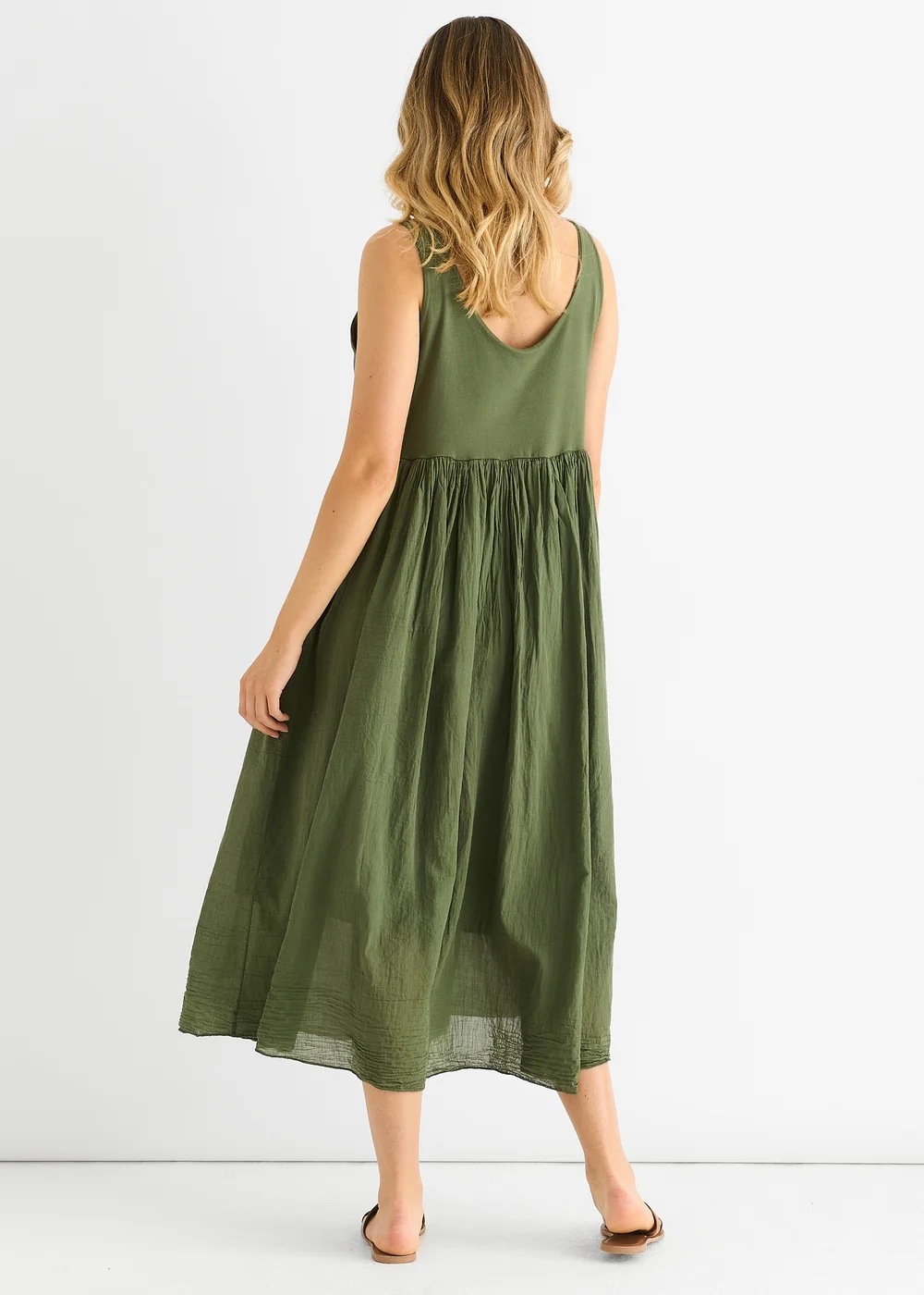 Gini London Khaki Scoop Neck Jersey Cotton Midi Dress - M/L Image 2