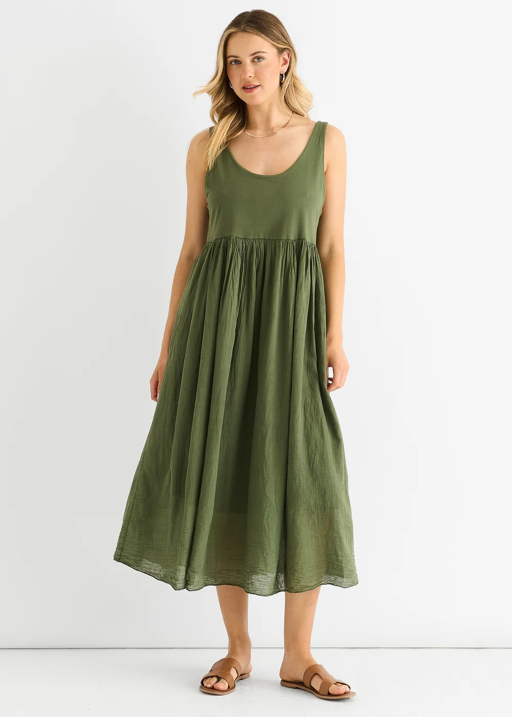Gini London Khaki Scoop Neck Jersey Cotton Midi Dress - M/L Image 1