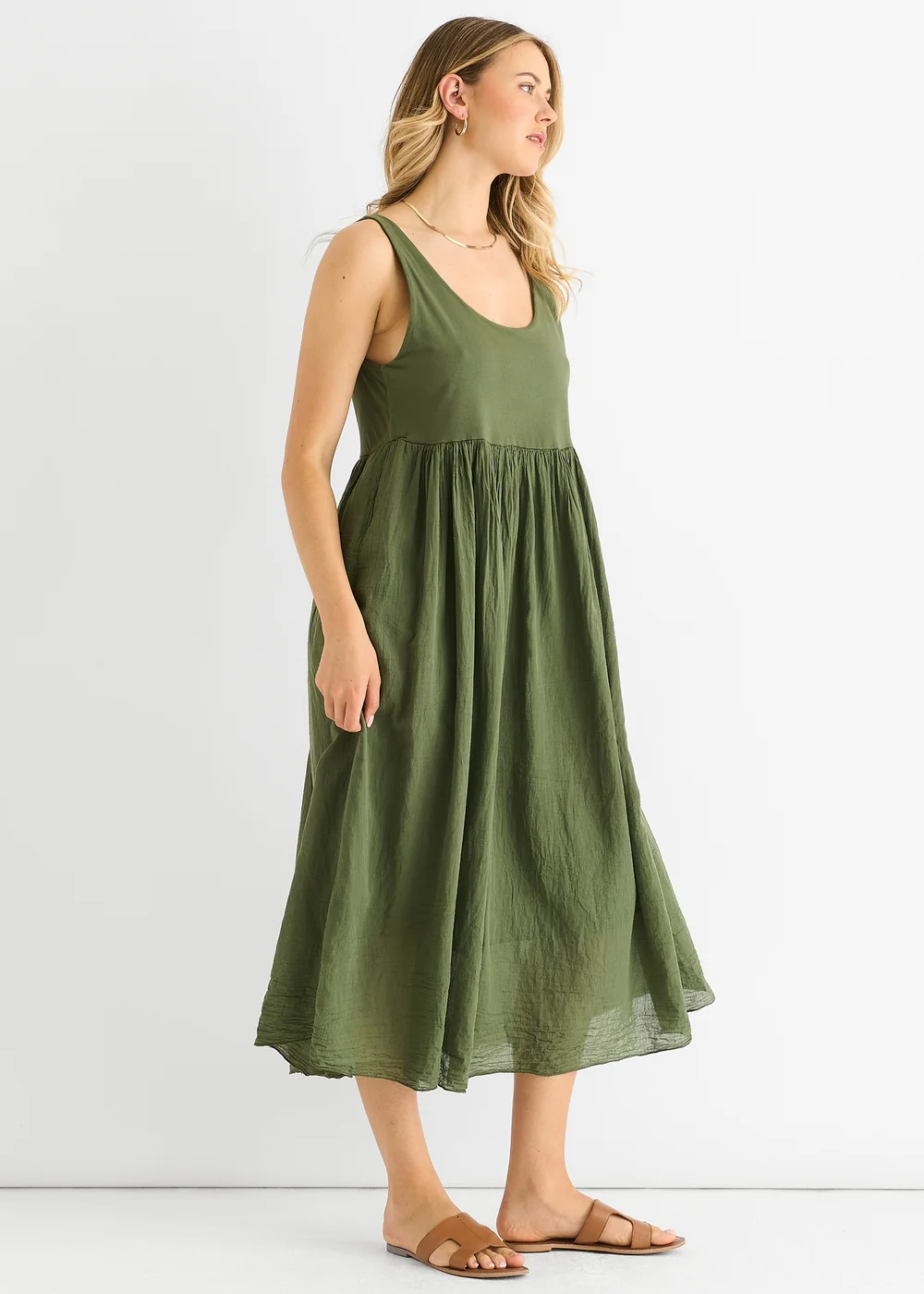 Gini London Khaki Scoop Neck Jersey Cotton Midi Dress - M/L Image 4