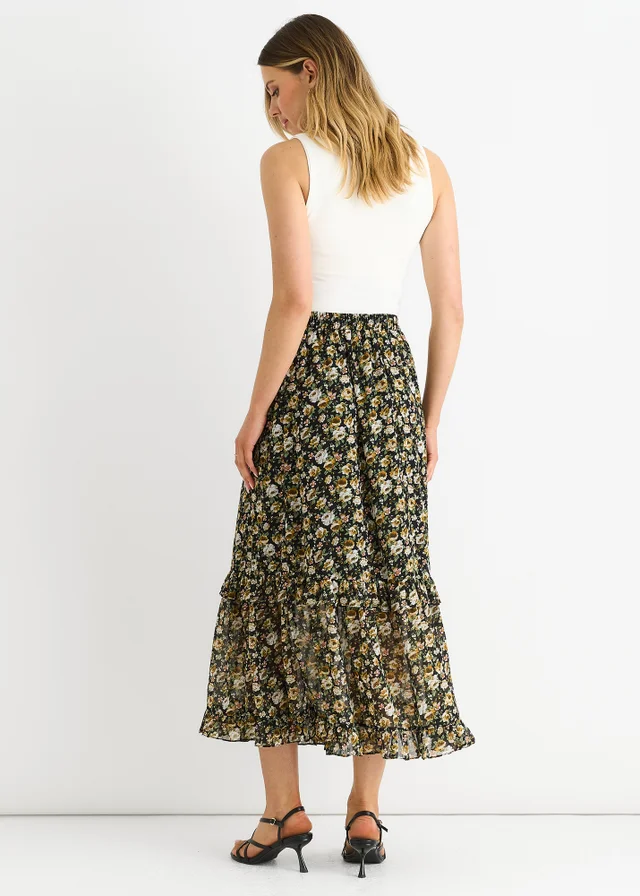 Gini London Black Sparkle Floral Maxi Skirt