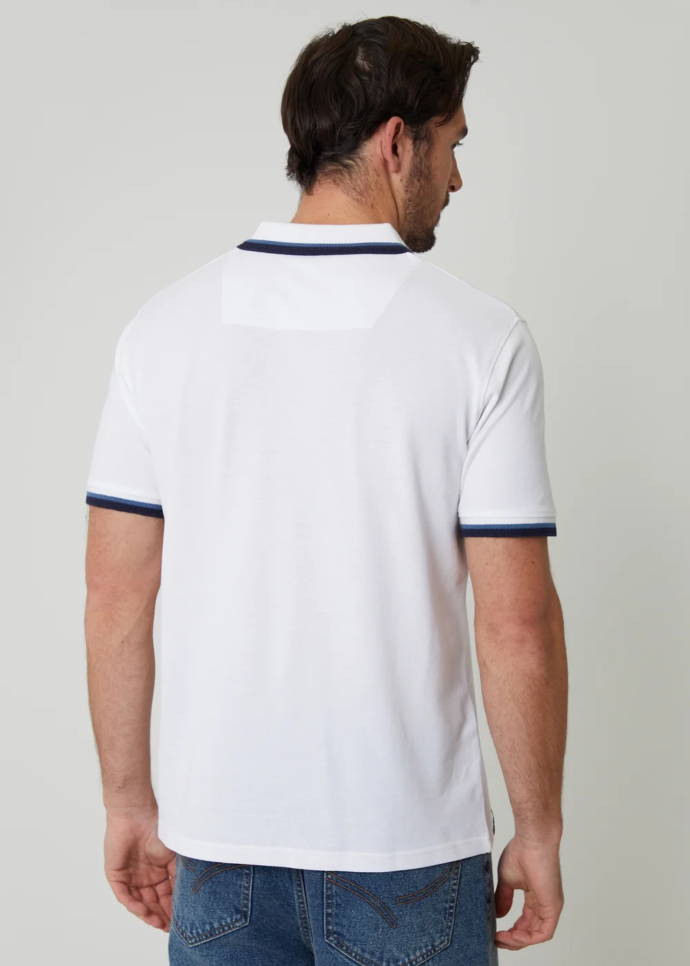 Threadbare White Herringbone Tipping Cotton Pique Polo Shirt - XL Image 2
