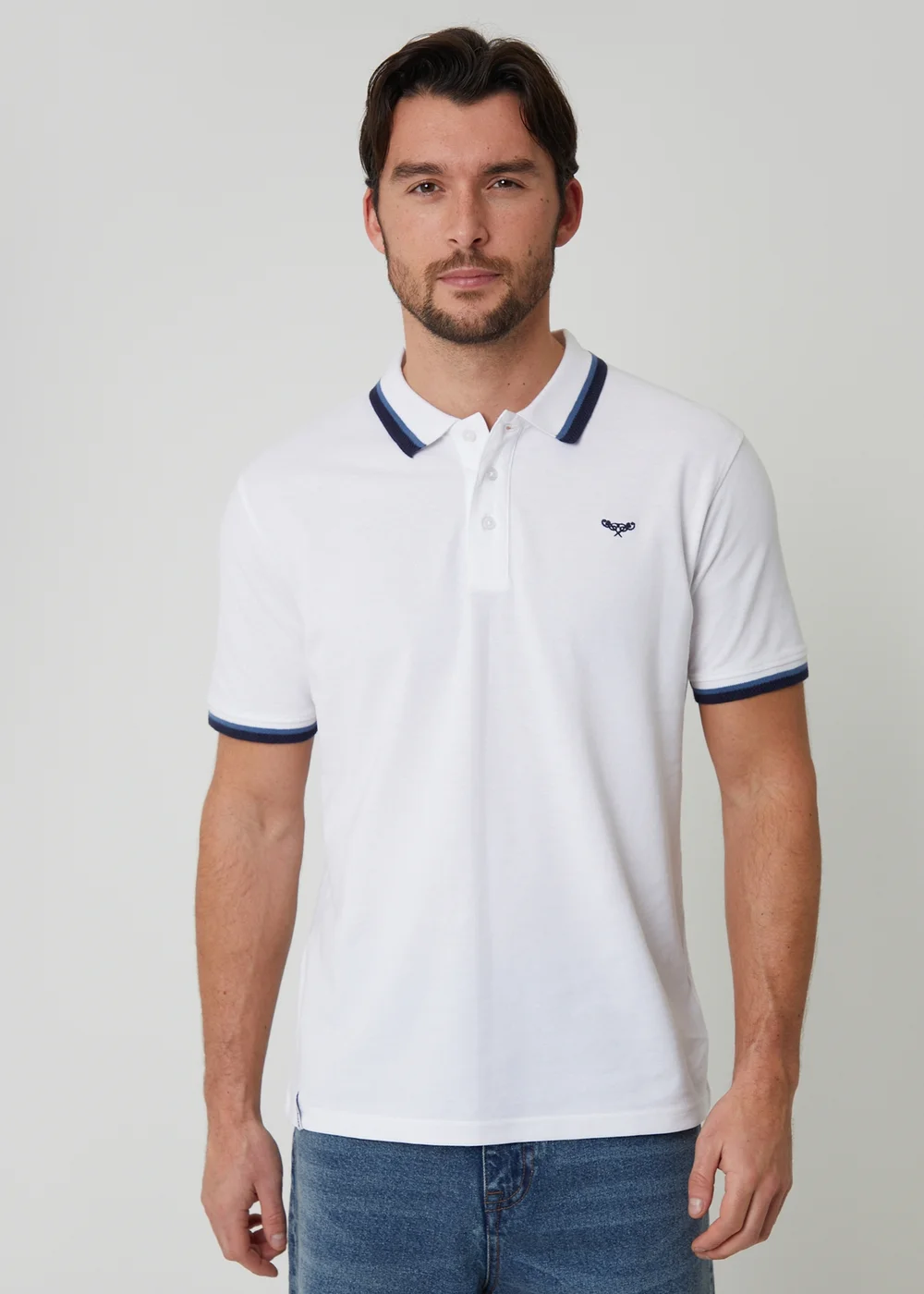 Threadbare White Herringbone Tipping Cotton Pique Polo Shirt - XL Image 1