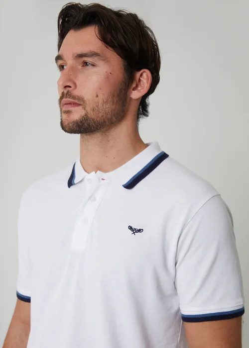 Threadbare White Herringbone Tipping Cotton Pique Polo Shirt - XL Image 4