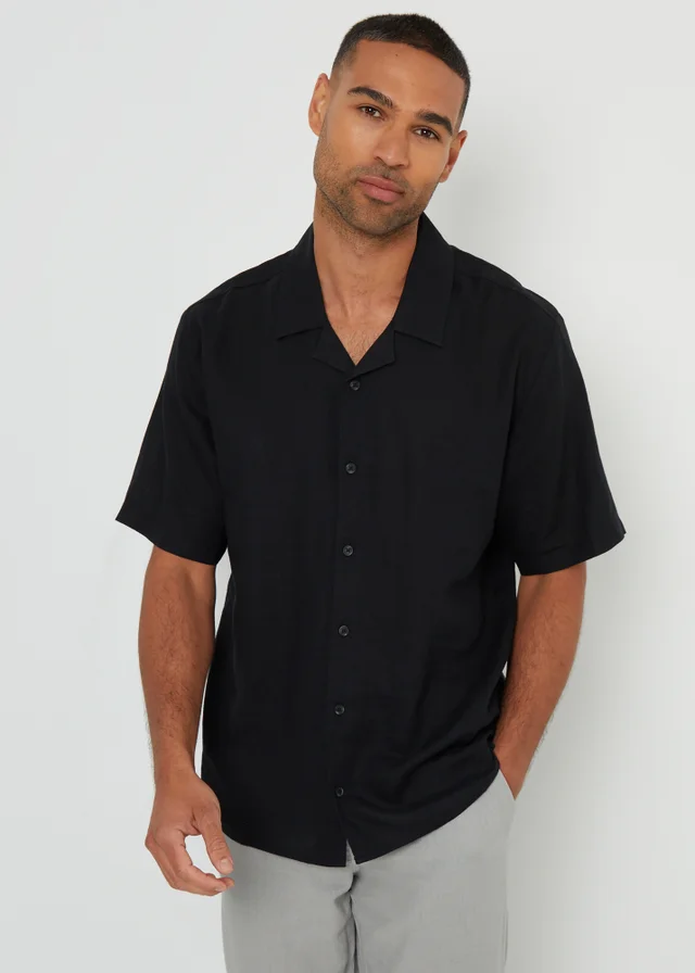 Threadbare Black Kylian Linen Blend Revere Collar Short Sleeve Shirt