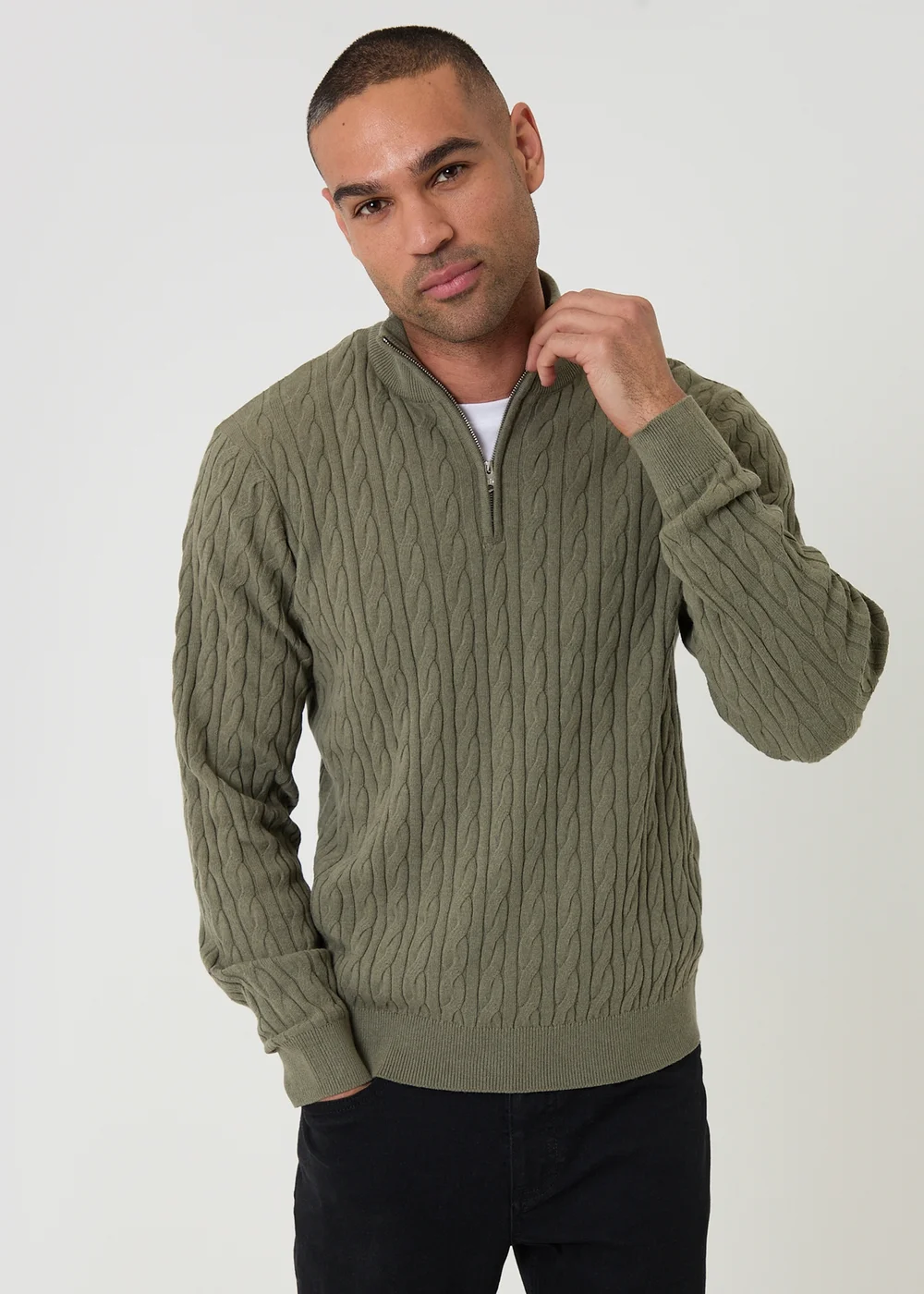 Threadbare Olive Cable Knit Quarter Zip Jumper - XL Image 1