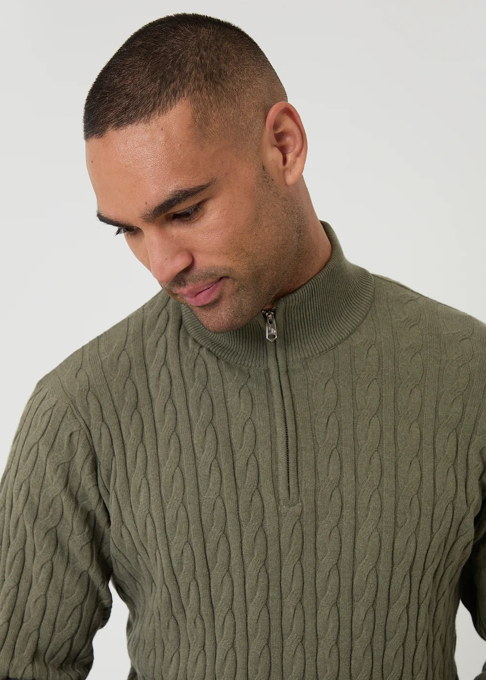 Threadbare Olive Cable Knit Quarter Zip Jumper - XL Image 4