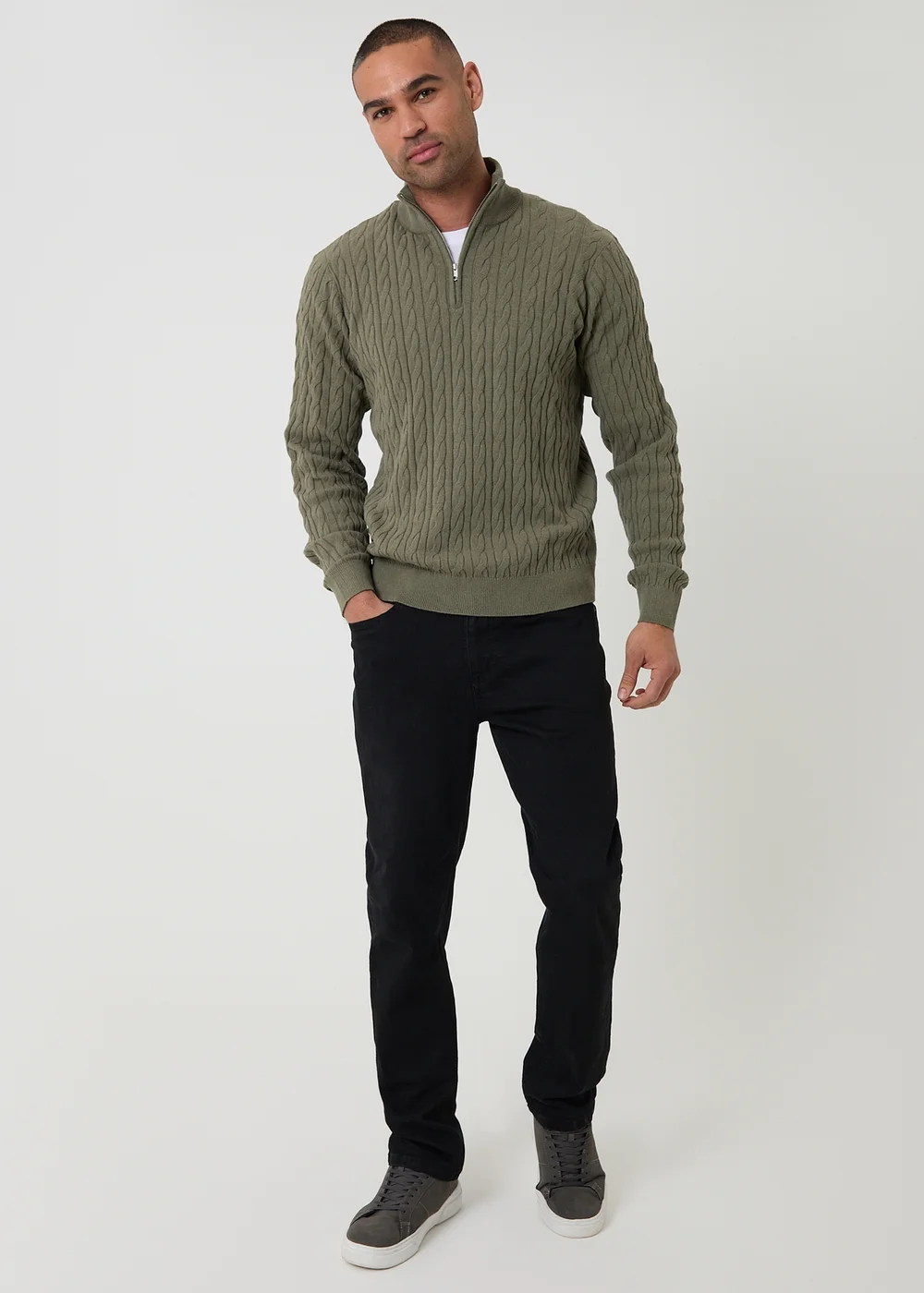 Threadbare Olive Cable Knit Quarter Zip Jumper - XL Image 3