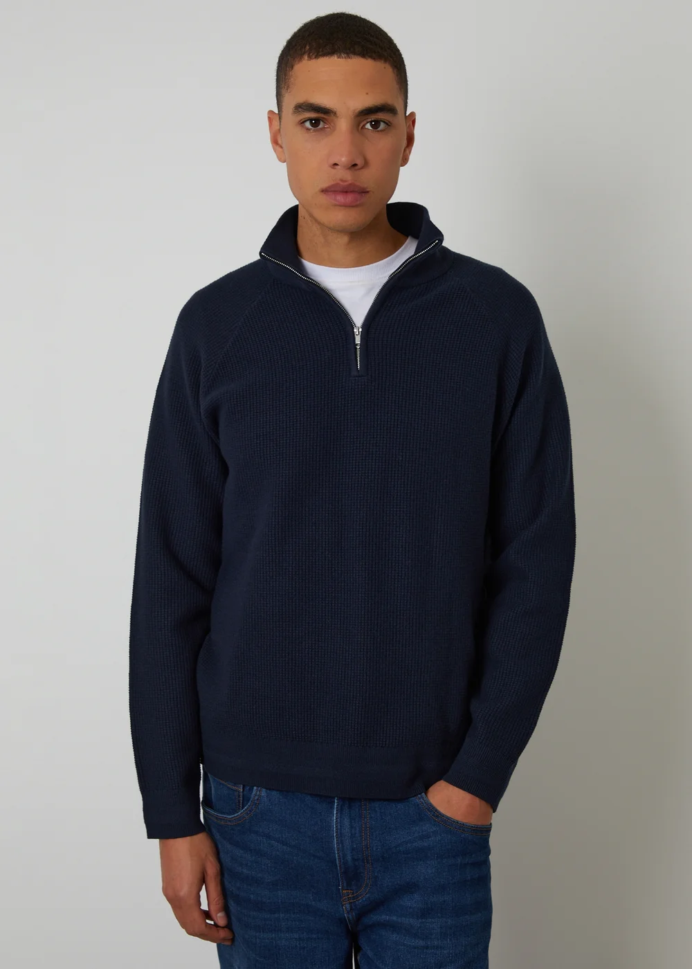 Threadbare Navy Waffle Knit Raglan Quarter Zip Jumper - 2XL Image 1
