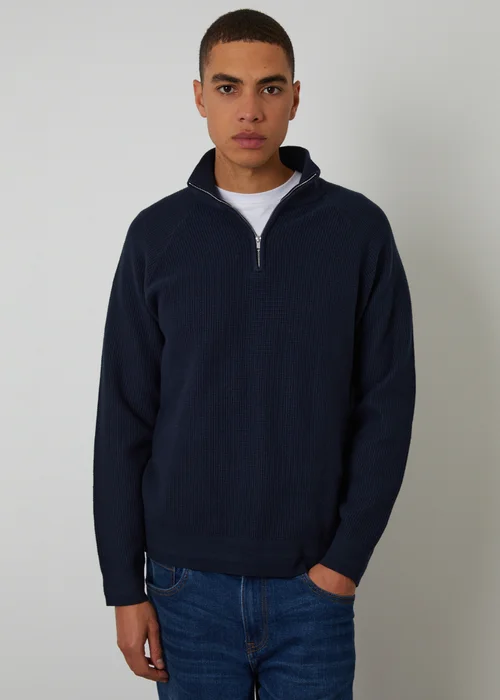 Threadbare Navy Waffle Knit Raglan Quarter Zip Jumper - 2XL Image 1