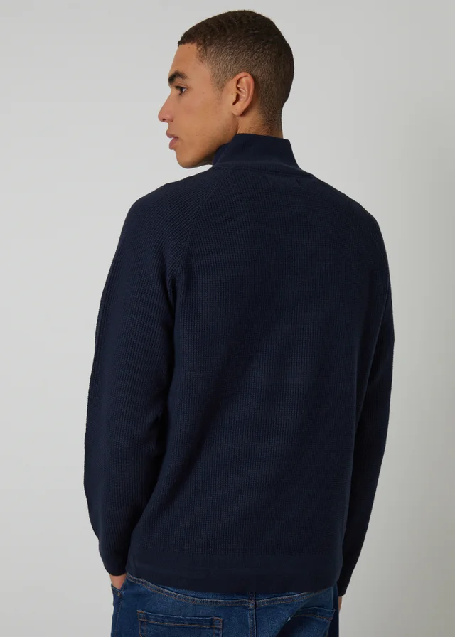Threadbare Navy Waffle Knit Raglan Quarter Zip Jumper