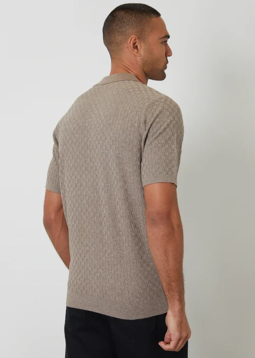 Threadbare Taupe Basket Stitch Short Sleeve Knitted Polo - 2XL Image 2