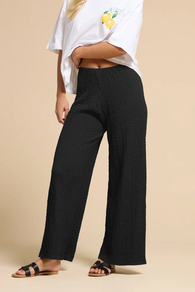 PixieGirl Petite Black Bubble Textured Wide Leg Trousers