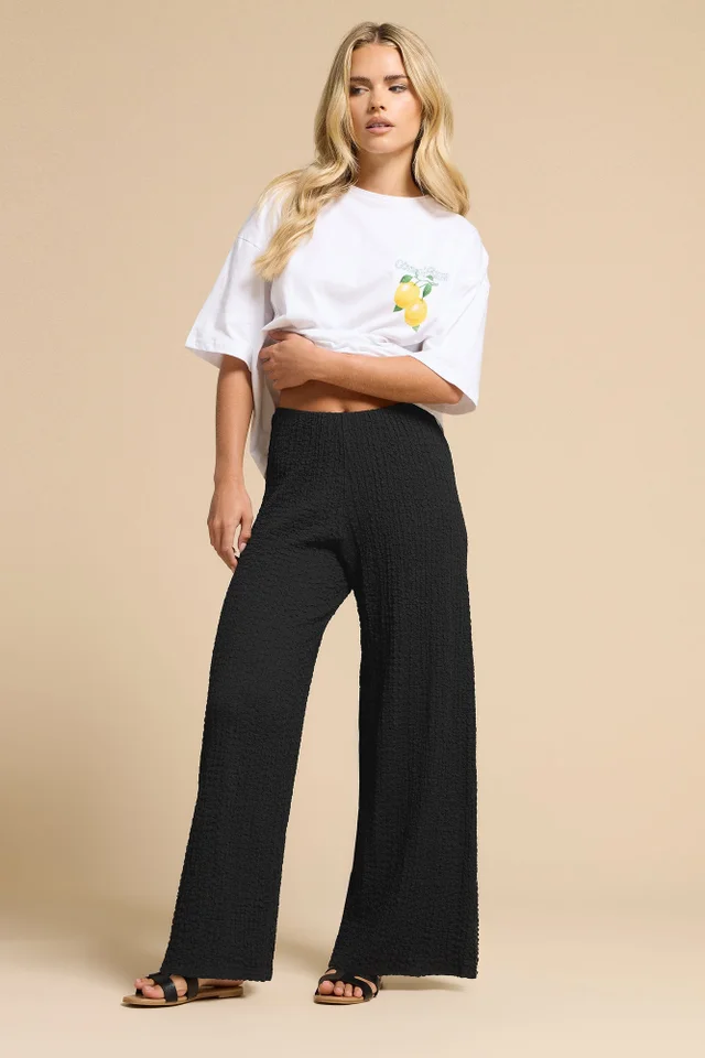 PixieGirl Petite Black Bubble Textured Wide Leg Trousers
