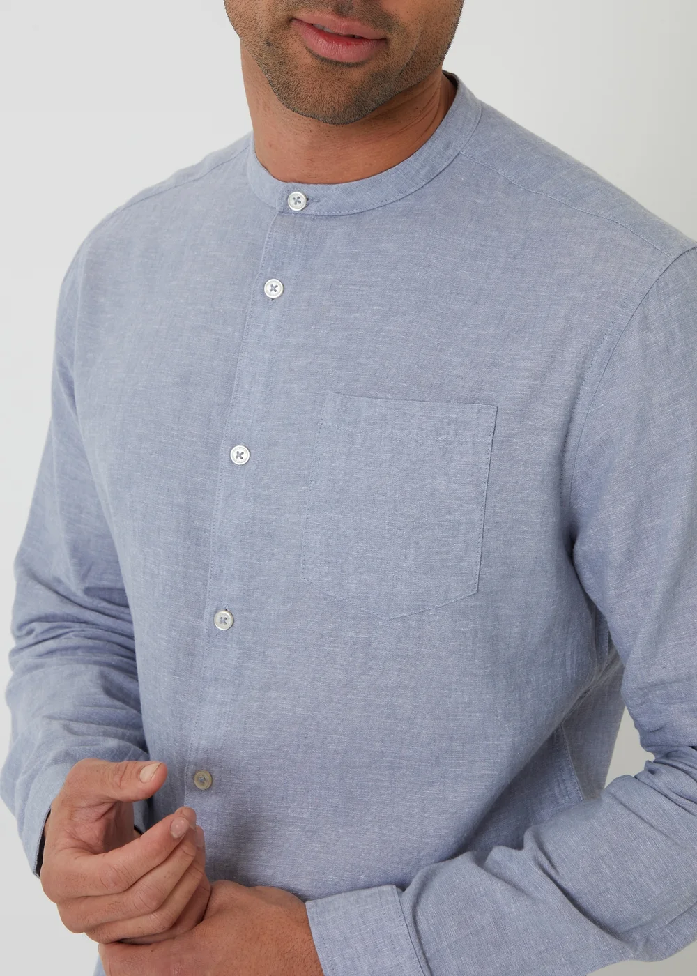 Threadbare Blue Linen Blend Long Sleeve Grandad Collar Shirt - XL Image 4