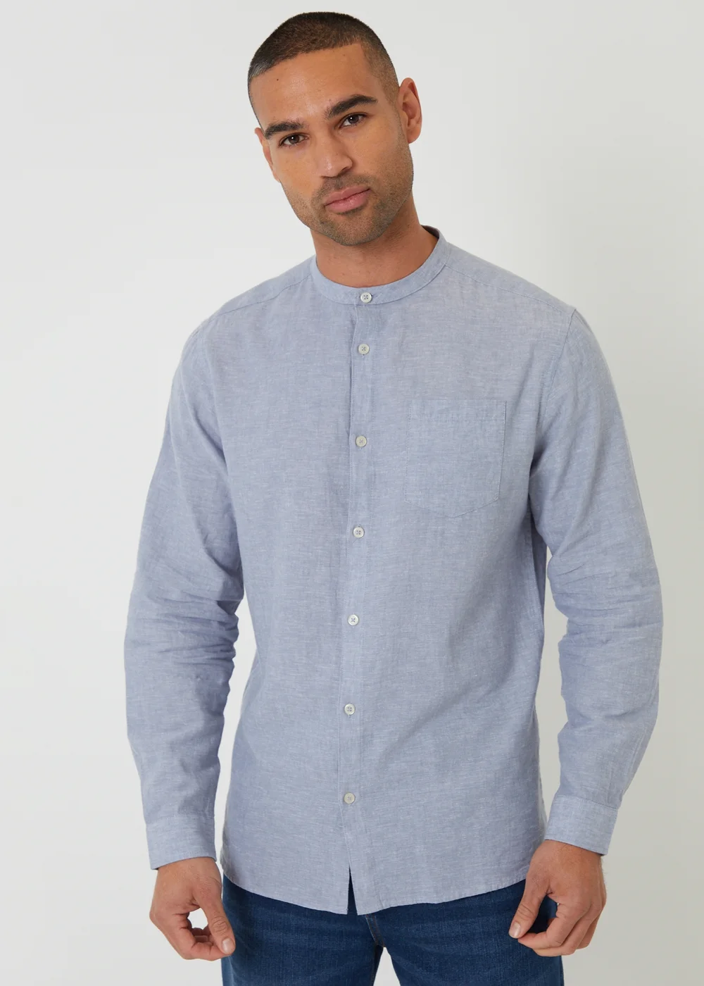Threadbare Blue Linen Blend Long Sleeve Grandad Collar Shirt - XL Image 1