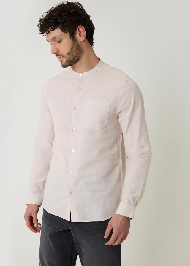 Threadbare Stone Linen Blend Long Sleeve Grandad Collar Shirt