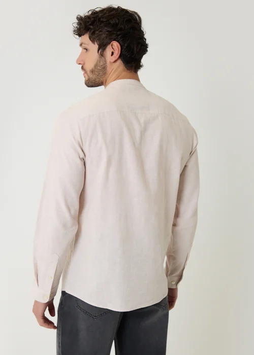 Threadbare Stone Linen Blend Long Sleeve Grandad Collar Shirt - S Image 2