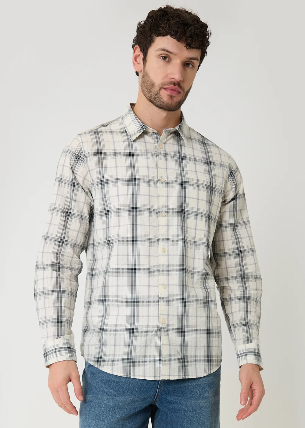 Threadbare Stone Check Cotton Long Sleeve Shirt - 2XL Image 5