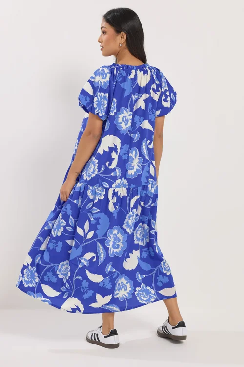 PixieGirl Petite Blue Floral Tie Neck Midi Dress - 16 Image 3