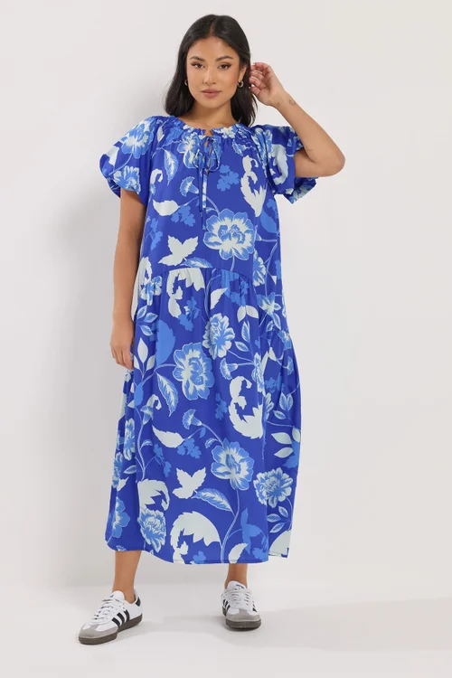 PixieGirl Petite Blue Floral Tie Neck Midi Dress - 16 Image 2