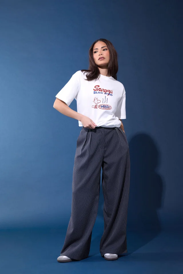 PixieGirl Petite Navy Blue Pinstripe Wide Leg Trousers