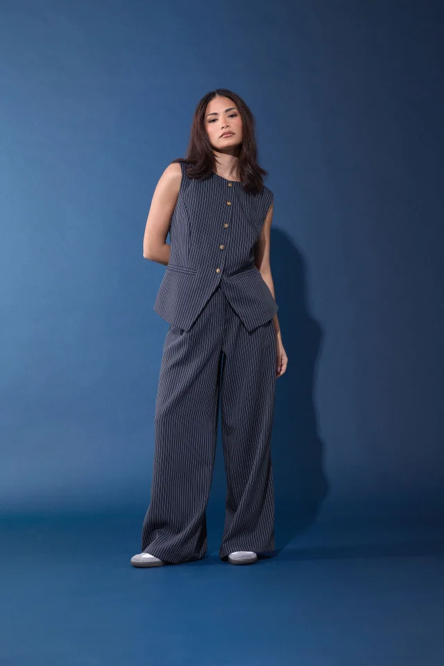 PixieGirl Petite Navy Blue Pinstripe Wide Leg Trousers
