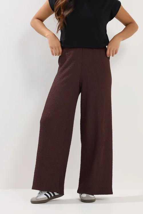 PixieGirl Petite Chocolate Brown Textured Wide Leg Trousers - 14/L27 Image 2