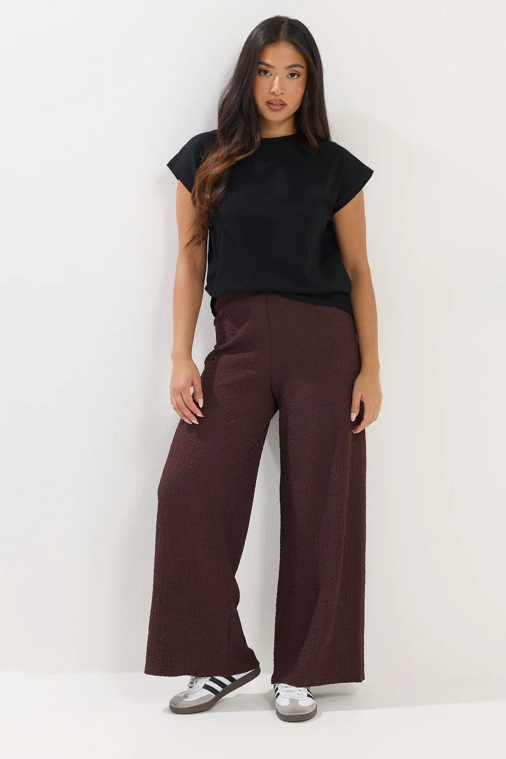 PixieGirl Petite Chocolate Brown Textured Wide Leg Trousers - 14/L27 Image 1